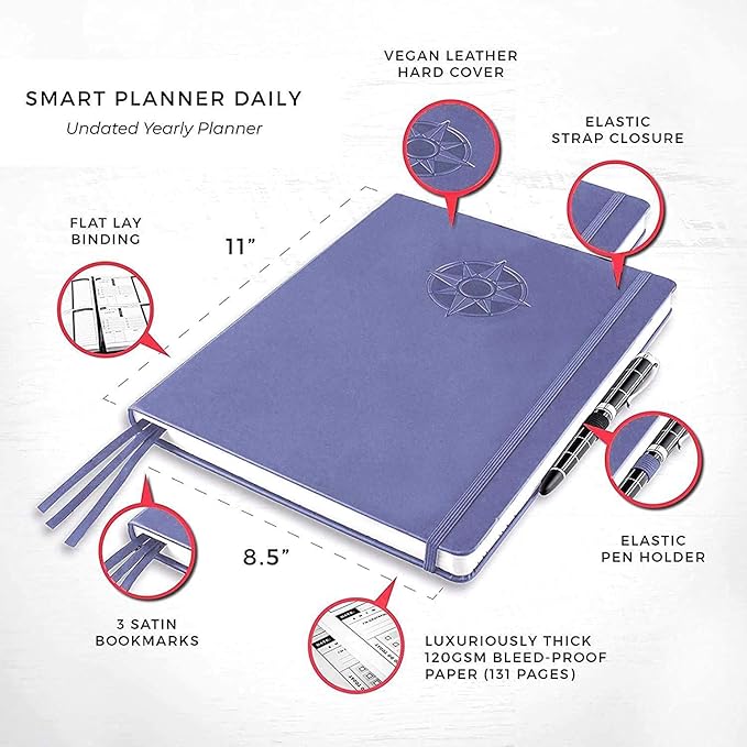 Smart Planner Daily Planner 2024 – Undated A4 Large Planner – Weekly Monthly Daily Journal Planner to Achieve Goals, Full Focus & Productivity, Time Management & Happiness - Hardcover, Leather