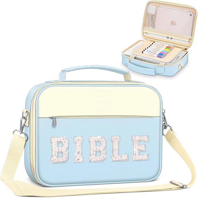 FINPAC Large Bible Cover w/Shoulder Strap, Carrying Book Case Church Bag Bible Protective w/Pen Slots and Zippered Pocket, Gift for Women Lady, Letter Blue