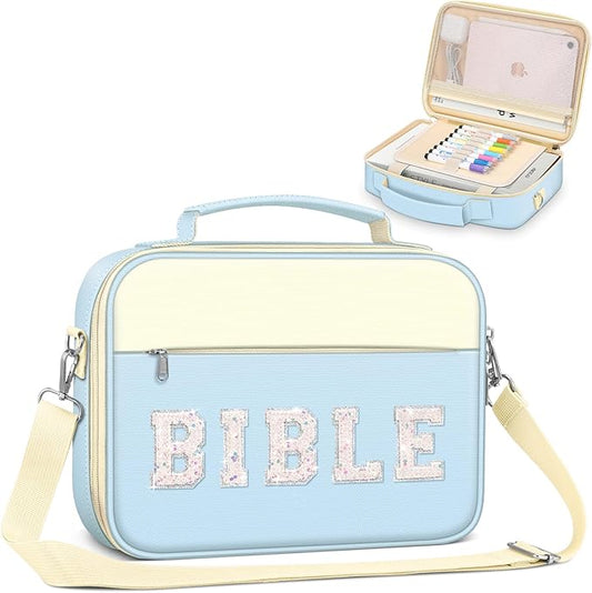 FINPAC Large Bible Cover w/Shoulder Strap, Carrying Book Case Church Bag Bible Protective w/Pen Slots and Zippered Pocket, Gift for Women Lady, Letter Blue