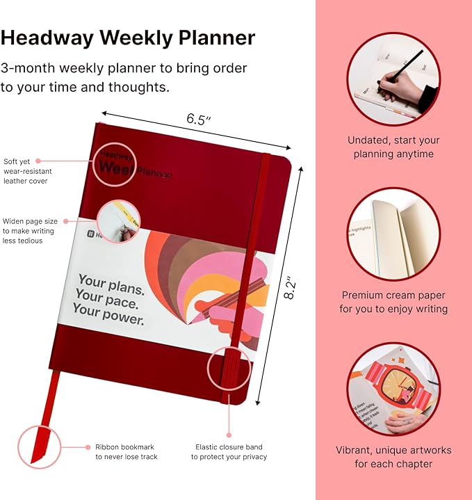 Headway 2026 Planner, 3-Month Leather Soft Cover Calendar Planner for Women, 8.2" x 6.5", Agenda & To-Do List Book with Bookmark, Undated Daily & Weekly Pages, Organizer for School Home Office, Red