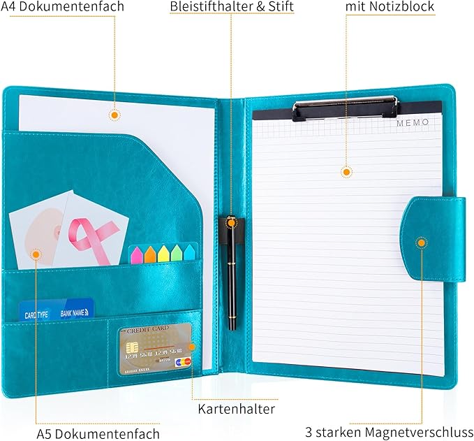 Leather Portfolio Folder Binder,A4 Padfolio Clipboard Folder with Magnetic Closure Cover with Letter Sized Papers,Sticky Tabs,Pen for Business School Office Conference Notepad Clip Boards(Turquoise)