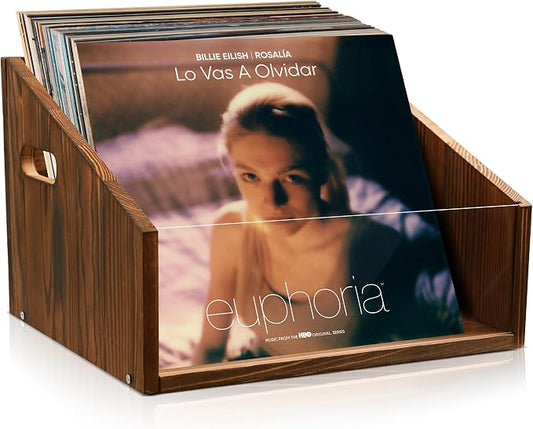 GRETJOB Vinyl Record Storage Crate - Wooden & Acrylic Record Storage Holds 70+ Records, Books, Files - Desktop & Home Office Storage with Handle (Brown)
