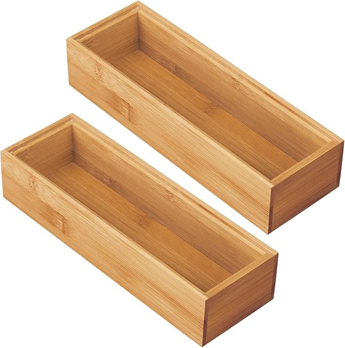 mDesign Wooden Bamboo Office Drawer Organizer Box Tray, Stackable Storage for Drawers, Cabinets, Shelves, Cubby, or Desktop, Hold Pens, Pencils, Supplies, Echo Collection, 2 Pack, Natural Wood Finish