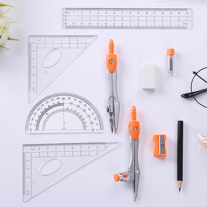 Vobou Math Geometry Kit Sets 10 Piece Student Supplies with Shatterproof Storage Box,Includes Rulers,Protractor,Compass,Eraser,Pencil Sharpener,Lead Refills,Pencil,for Drafting（Orange）