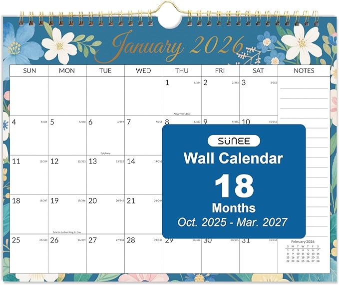 SUNEE 2026 Calendar- 18 Months Wall Calendar Oct. 2025 - Mar. 2027, 14.5"x11.5" Hanging Calendar with Note for Organizing & Planning, 2026 Monthly Calendar with Next Month, Floral