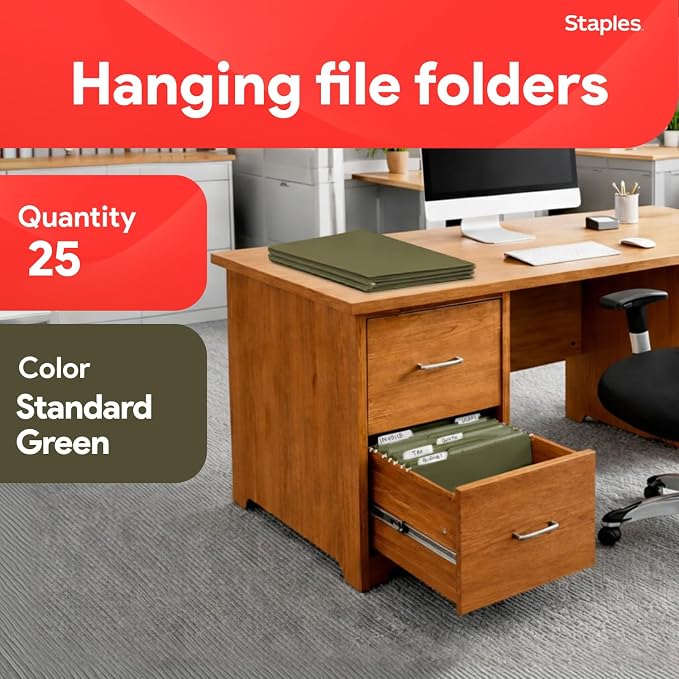 Staples Hanging File Folders, Legal Size, Straight‑Cut Tabs, Standard Green, Durable Filing Solution – 25/Box