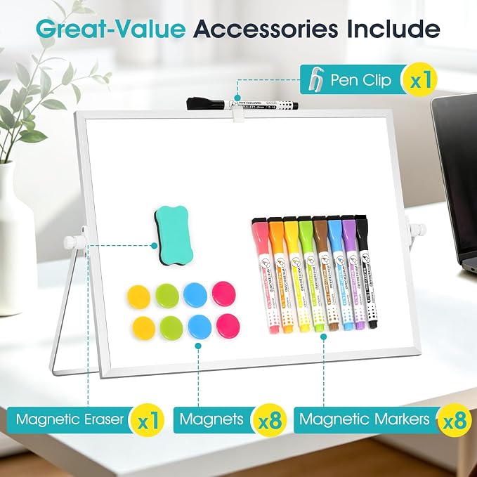 Dry Erase White Board, WALGLASS 16" x 12" Small Desktop Whiteboard with Stand, Double-Sided Magnetic Whiteboard, Portable Dry Erase Board for Kids Drawing, Study, Home, Office, School