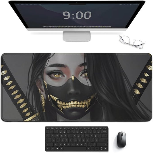 Gaming Mouse Pad Large Mousepad Aesthetic Anime Girl Japanese Samurai Portrait Desk Mat for Keyboard and Mouse Mat Non-Slip Rubber Desk Pad 40x90cm
