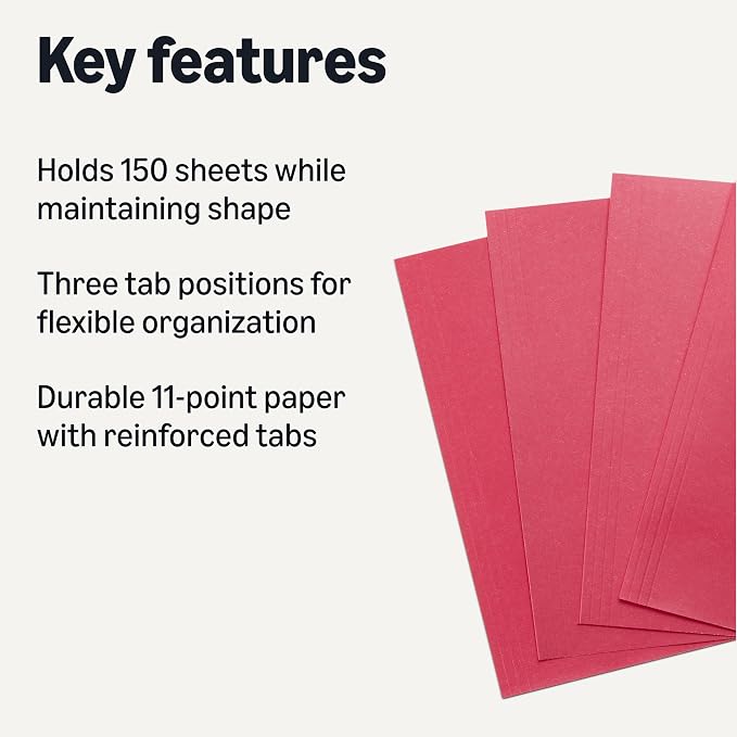 Amazon Basics File Folders with Tabs for Filing, 1/3-Cut Tab, 8.5x11 inches, Letter Size, Red, Pack of 100