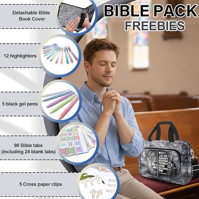 Devout Men's Super Roomy Bible Bag with Cozy Bible Cover, Bible Case, Faith Journaling Kit, Bible Tabs, Adjustable Strap, Pens, Highlighters & Cross Clips for Bible Study, Holy Vibe Peace of Mind