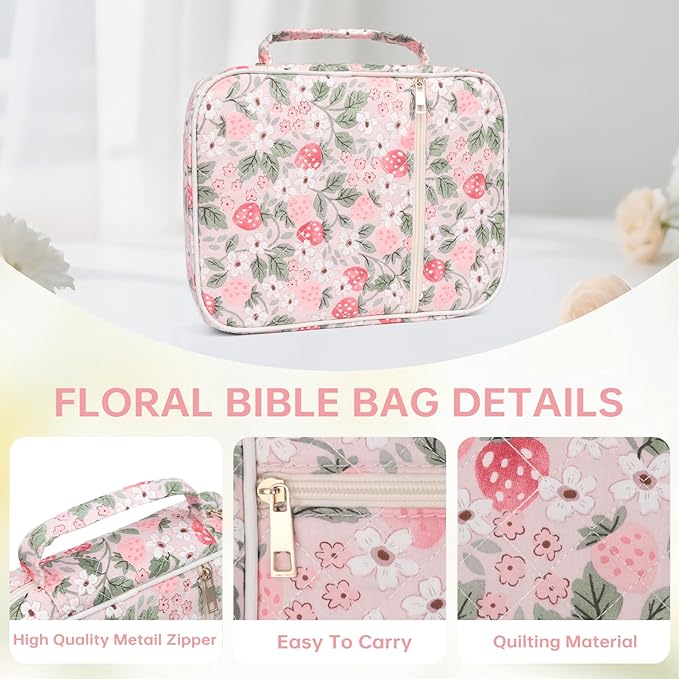 Bible Cover Case for Women Large Bible Cover with Durable Handle Quilted Bible Carrying Case for Girls Bible Study Supplies Accessories (Strawberry Garden, Strawberry Garden)