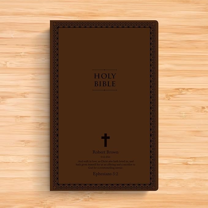 Personalized NIV Thinline Holy Bible with Custom Name Includes Up to 3 Rows of Text Debossed Imprinted on Faux Leather Cover | Custom Gift for Christian & Religious Celebrations (Brown)