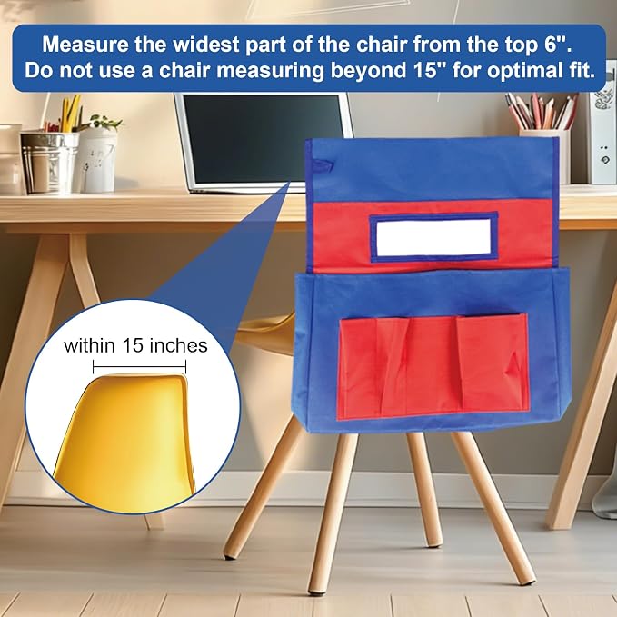 4 Pack Chair Pockets for Classrooms, 17.2"x19" Seat Sacks for Classroom Chairs K-2, Heavy Duty Back of Chair Organizer Pocket with Name Tag Slot for Supplies, Books, Storage