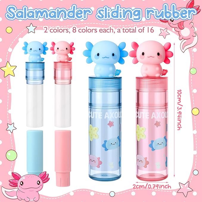 Gersoniel 16 Pcs Axolotl Retractable Erasers Axolotl Birthday Party Favor Gifts School Classroom Supplies Sliding Retractable Pink Blue Cute Animals Pencil Erasers for Amphibian Lovers Office Home
