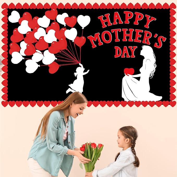 QOUBAI Mother's Day Bulletin Board Set Happy Mother's Day Classroom Bulletin Board Decorations Mother Child Silhouette Cutouts DIY Craft Decor for Preschool Nursery Toddler Kids Decor Wall Door