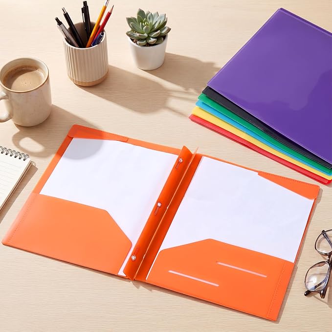 Tenceur 48 Pack Plastic Folders with 3 Prongs Bulk Heavy Duty Folders with Clear Front Pockets and Card Slots with Fasteners Fit Letter-Size Papers for Work School Office (Light Colors)