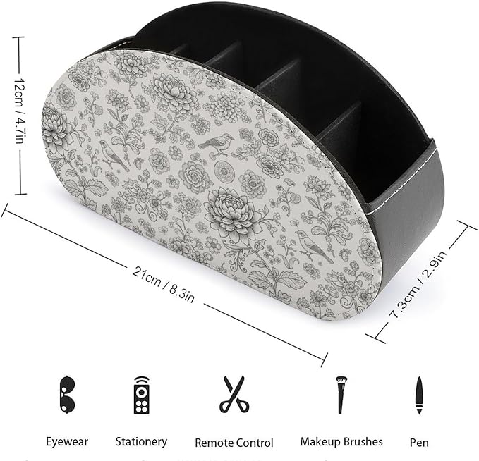 PU Leather TV Remote Organizer, 5-Compartment Desktop Caddy for Media Controllers, Office, and Living Room, Flower Bird Floral