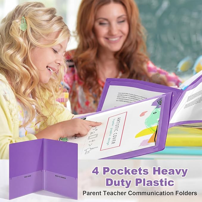 Henoyso 24 Pcs Take Home Folder Heavy Duty 2 Clear Front Pockets and 2 Inside Pockets Homework Folders for School Students Parent Teacher Classroom Communication (Purple)