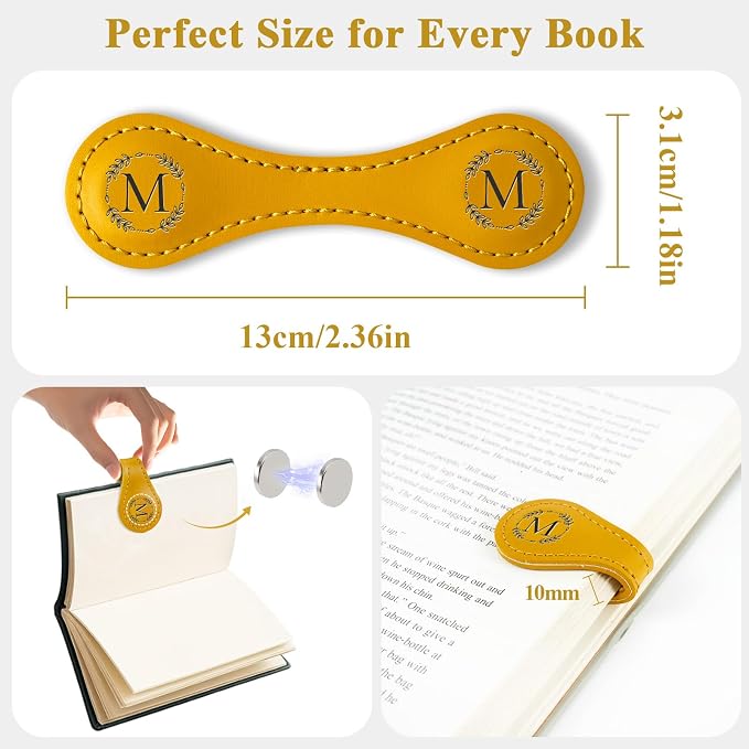 Personalized Leather Magnetic Bookmark with Pen Holder – Custom Initial Design for Readers（Yellow-T）