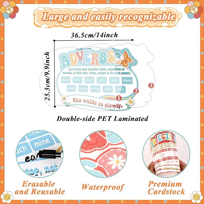 QOUBAI 10Pcs Groovy Parts of Speech Posters for Classroom Decorations Retro English Grammar Chart Language Arts Bulletin Board Decor for Teachers Elementary Middle School Home Educational Supplies