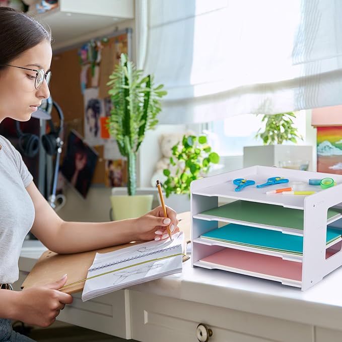 Juexica 2 Pack 4 Tier Scrapbook Paper Organizer 12.6 x 12.6 Inches File Organizer for Desk Stackable Paper Trays Holder Home Office Decorations