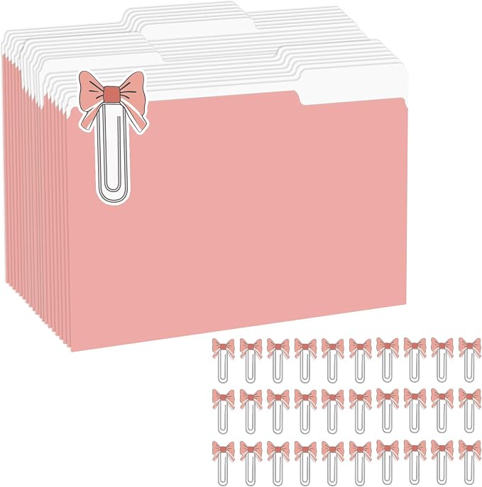 Qeeenar 30 Pcs Pink File Folders Bulk Letter Size 8.5 x 11 1/3 Cut Tabs Basics File Folders Jacket Reinforced Straight Cut Tab Pink Bow Paperclips Decoration Flats No Expansion