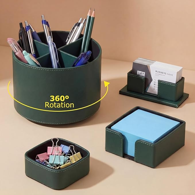 4 Pcs Rotating Leather Pen Holder Organizer Office Desk Accessories Set with Business Card Sticky Note Holder Paperclip Storage Desktop Storage Supply for Teacher Back to School Gift(Green)