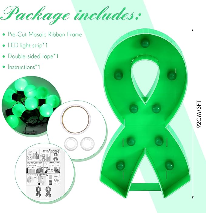 Retisee 3 ft Light up Marquee Mental Health Awareness Ribbon Mosaic Balloon Frame with Light String Mental Health Autism Awareness Items Green Pre-cut Foam Board for Activities