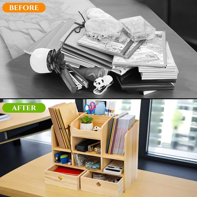 Wooden Desk Organizer with Drawers, Large Countertop Office Supplies Accessories Organization with 10 Compartments, Multifunctional Storage Box Makeup Storage Shelf Rack for Home, Office