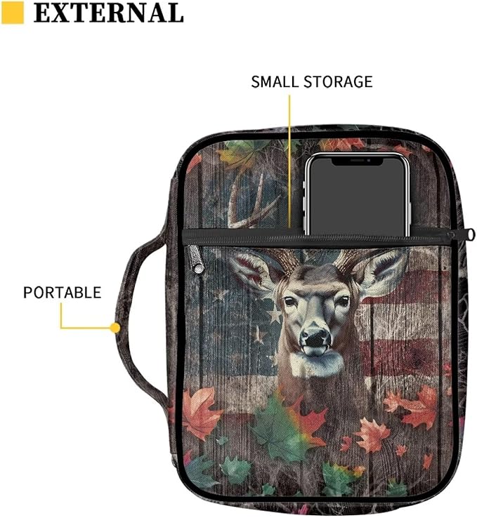 Suobstales Deer Camo Print Bible Covers for Women Men Bible Case Wood American Flag Design Bible Bag Bible Accessories with Handle and Zippered Pocket Bible Tote Bag for Women Men