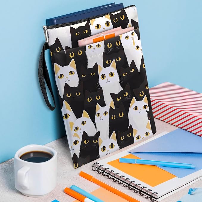 I'm Fine Everything is Fine Book Cover, Waterproof Book Sleeve with Zippered Front Pocket Cat Book Pouch for Book Lovers, Christmas, Birthday, Graduation Gifts (Black-cat, Large)
