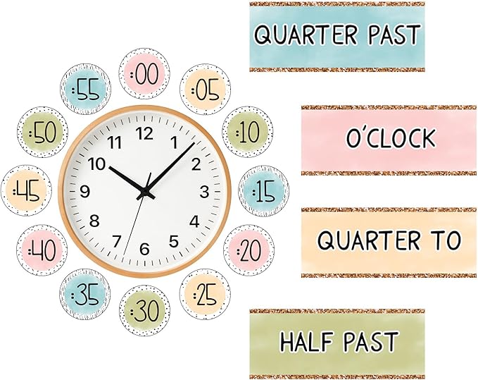 FYSUIMU 16 Pcs Telling Time Bulletin Board Decorations Back to School Boho Colored Clock Numbers Labels Classroom Decor with Glue Points Teaching Clock for Kids First Day of School Teacher Supplies