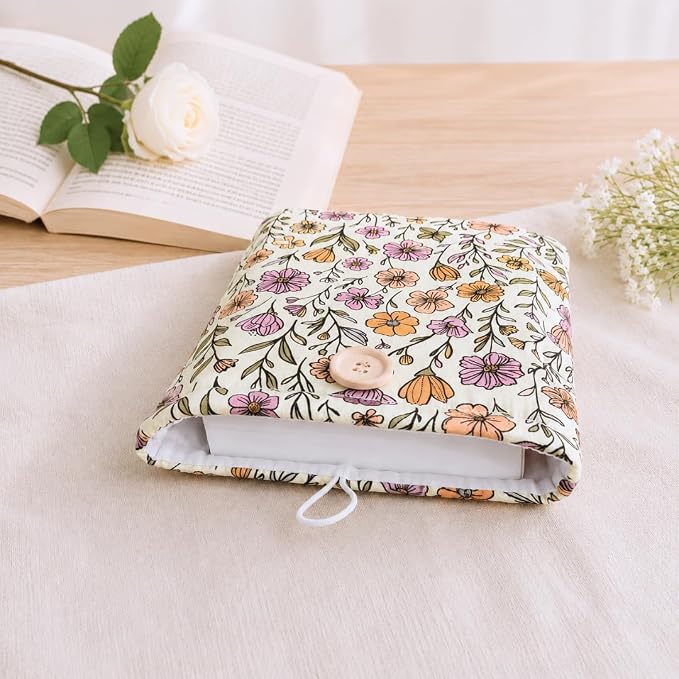 Floral Book Sleeve - Elegant Book Cover with Wooden Button, Cotton Padded Protector for Paperbacks & Hardcovers, Ideal for Book Lovers, Durable Design (Soft Florals, Large)