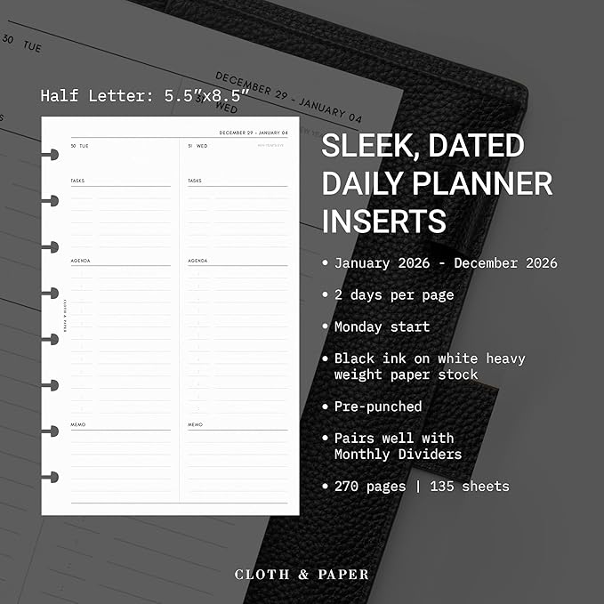 Cloth & Paper 2026 Dated Daily Planner Inserts - Monday Start | Half Letter Size 5.5 x 8.5 Inches | Discbound Planner Refill |2 Days Per Page | 8 Disc Punch | Daily Organizer Pages | Heavyweight Paper