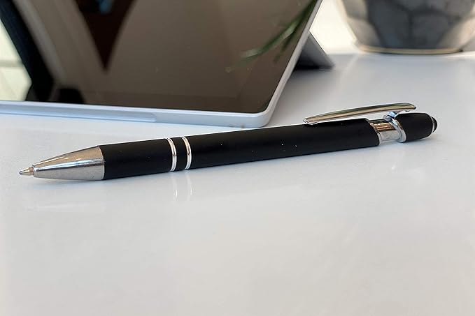 Lenden Pack of 5 Rubberized Comfort Soft Touch 2 in 1 Ballpoint Pen Capacitive Stylus Tip, Premium Metal Medium Point, Black Ink, Compatible with Most Touch Screens (Black)