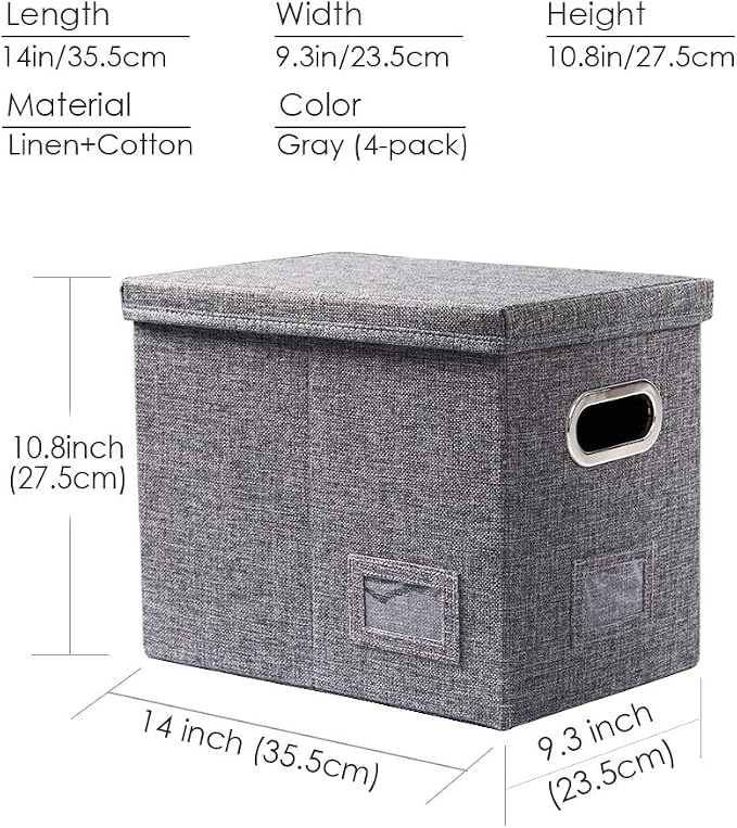 PRANDOM File Organizer Box - Set of 4 Collapsible Decorative Linen Filing Storage Hanging File Folders with Lids Office Cabinet Letter Size Grey (14x9.3x10.8 inch)