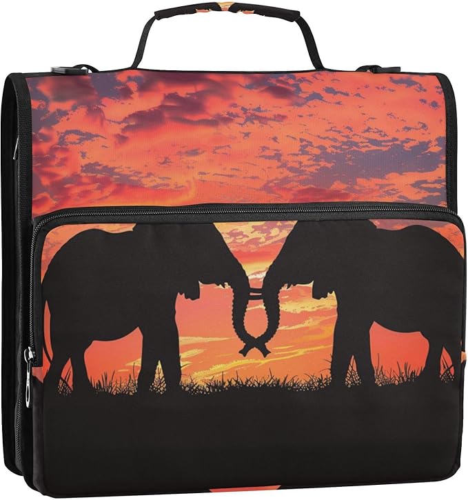ALAZA Couple Elephant Sunset 3 Ring School Zipper Binder Bag Expanding File Folder Case Briefcase with Shoulder Strap