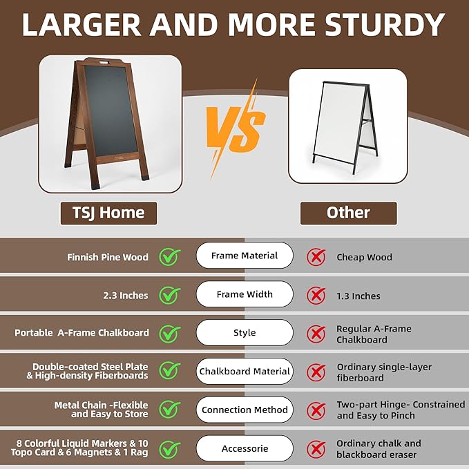 Magnetic Portable A-Frame Chalkboard Signs, 40" x 20" Large Wood Sandwich Board Signs Outdoor, Double-Sided Sidewalk Standing Chalk Board for Business, Wedding, Vendor Display, Coffee Shope - Brown