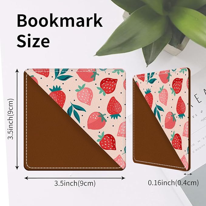 Cute Leather Bookmarks, Fun Triangle Making Corner Bookmark, Book Accessories for Reading Book Lovers, Unbreakable Page Markers for Women Men Cute Pink Strawberry