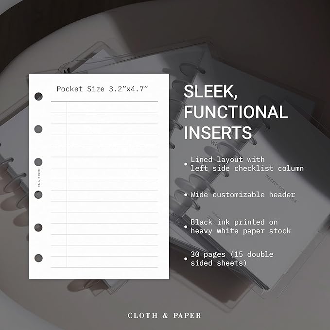 Cloth & Paper Task Planner Inserts – Pocket Size 3.2 x 4.7 Inches | 6-Ring To-Do List 15 double sided Pages Daily Planner Organizer Refills | Minimalist Design | Premium Paper for Notes & Reminders