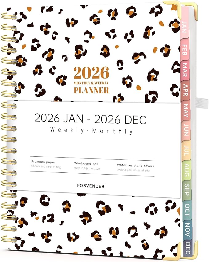 Forvencer 2026 Planner, Weekly and Monthly Calendar Planner for Women, Jan 2026 - Dec 2026, 8.5" x 11", Hardcover Planning Agenda book with Monthly Tabs, Spiral Bound, Inner Pocket, Cute Journal Organizer Notebook for Office School, A4 Size, Leopards