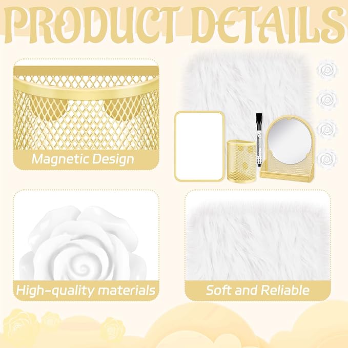 8 Pcs Locker Accessories for Girls Gold Magnetic Mirror, Magnetic Pen Holders, Cute Flower Magnets,Gold Locker Decoration for School Locker, Back to School Essentials