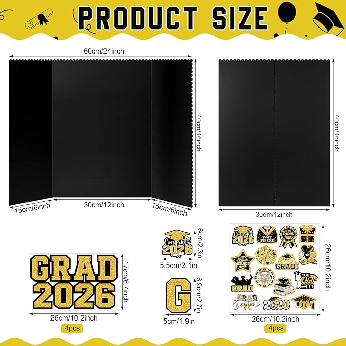 4 Set Graduation Photo Display Board, Class of 2026 Black Gold Trifold Poster Board with Grad Pattern Stickers, Graduation Photo Props Collage for Multiple Pictures Party Decorations, 16x24 Inch