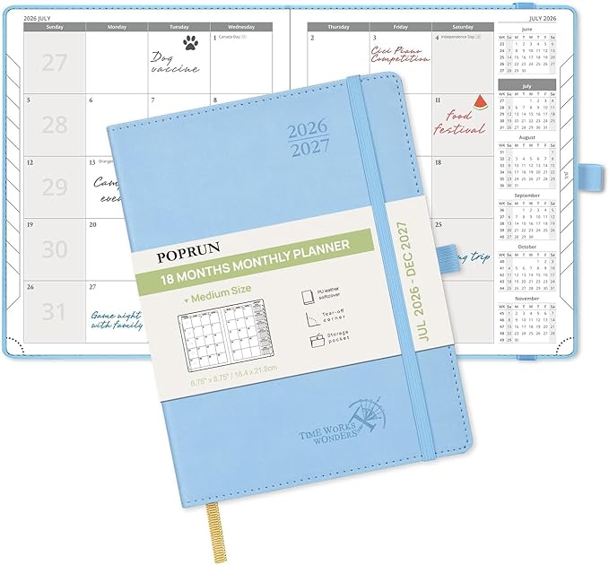 POPRUN Monthly Planner 2026-2027 (Medium- 6.5'' x 8.5'' Soft Cover), 18-Month Calendar Book (Jul.2026-Dec.2027), Calendar Planner with Monthly Tabs & Pocket, 100 GSM Paper - Blue