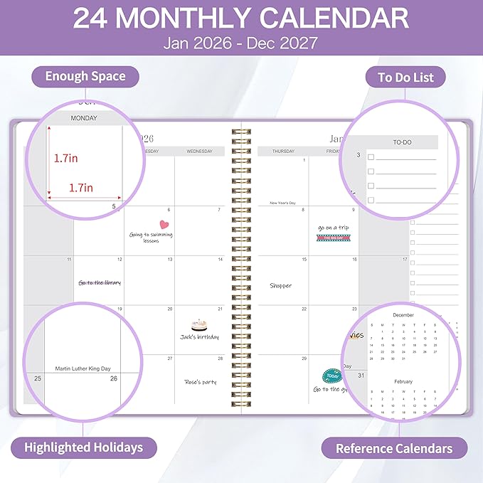 2026-2027 Monthly Planner - 2 Year Monthly Planner 2026-2027, Jan 2026 - Dec 2027, 7" x 9", 2 Year Calendar with 24 Month, Twin-wire Binding, Note Pages, Purple
