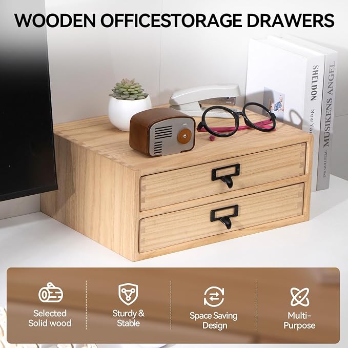 KIRIGEN Wooden Desk Organizer with 2 Drawers, Solid Wood Desktop Storage Cabinet, Shallow Office Drawer Organizer for Printer Paper and Mail, No Assembly, 13.78 W x 10.6 D x 5.9 H Inch, FAX-NA