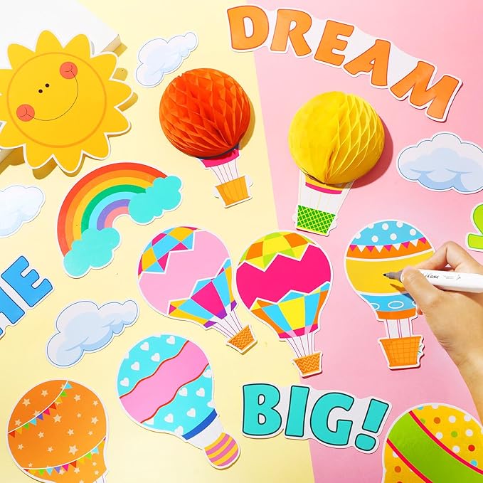 Funrous 82 Pcs Colorful 3D Hot Air Balloon Honeycomb Bulletin Board Set Hot Air Balloon Cloud Rainbow Sun Cutouts Honeycomb Bulletin Board for Preschool Kindergarten Back to School Classroom Supplies