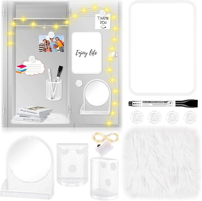 8 Pcs Locker Accessories Kit White Magnetic Mirror, Magnetic Pen Holders, Cute Flower Magnets,Locker Organizer Kit White Locker Accessories for Girls Back to School Essentials