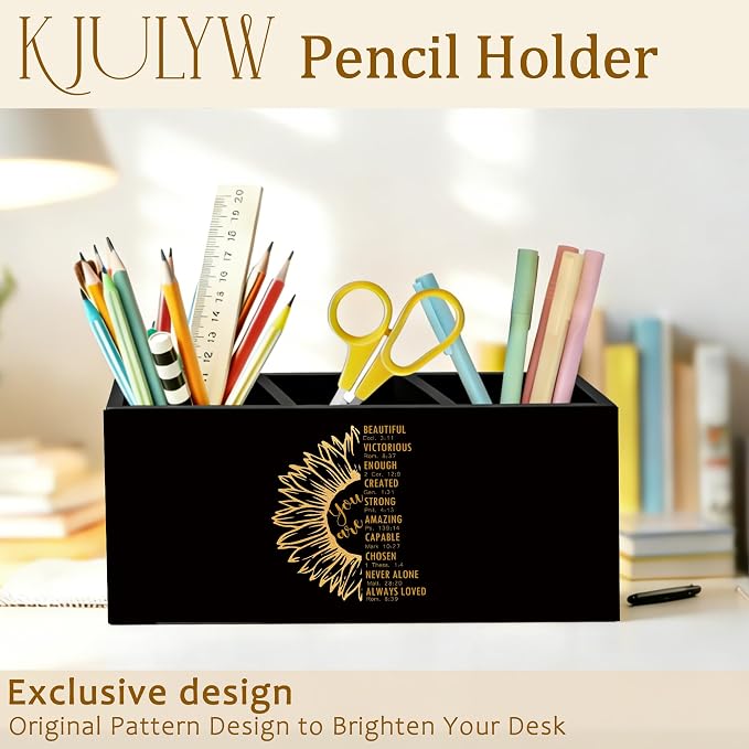 Christian Sunflower Pen Holder for Desk, Christian Gifts for Women, Inspirational Bible Verse Wooden Box Pencil Pen Holder Organizer for Home Office Desk Accessories