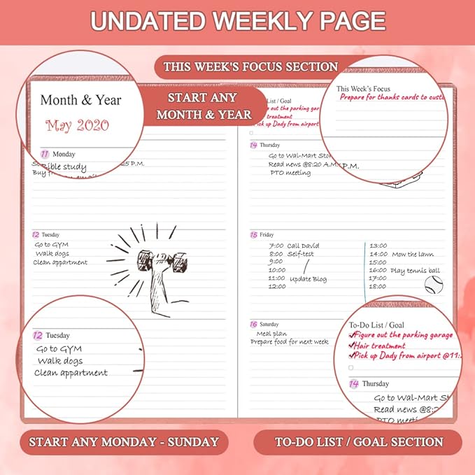 Hardcover Undated Planner for Any Year - Weekly & Monthly Planner & Journal to Track Goals, Perfect to Organize Your Daily Life, 5.85" x 8.25", Rose